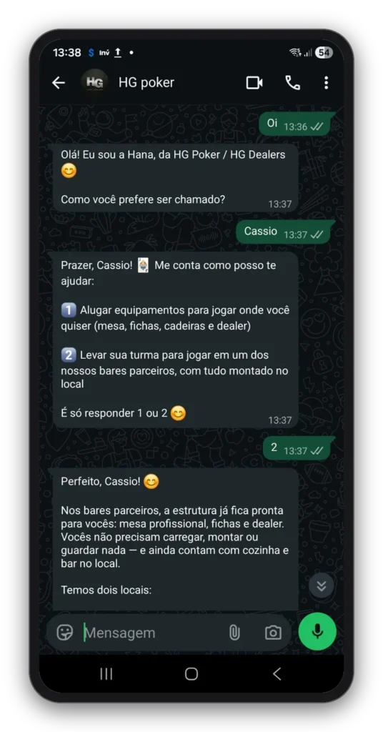 Conversa no WhatsApp com a Hana: menu com as opcoes de alugar equipamentos ou jogar em um bar parceiro da HG Poker