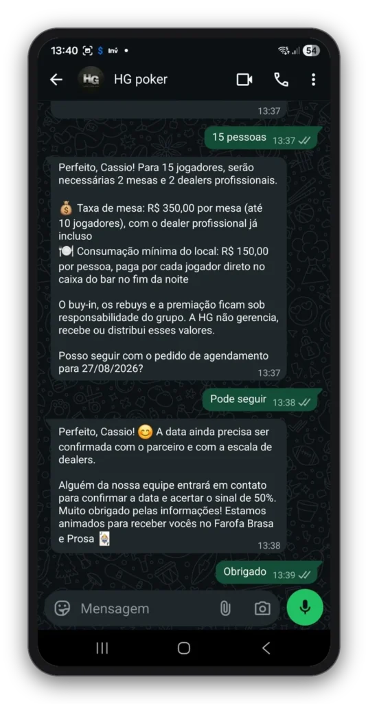 Resumo do jogo no bar parceiro: 2 mesas, 2 dealers, taxa de mesa e consumacao minima por pessoa